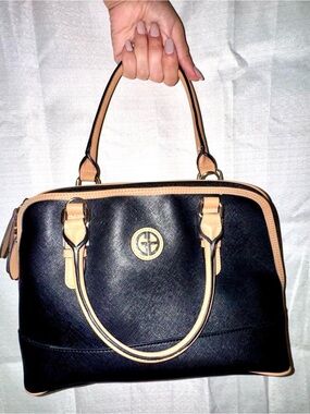 Gianni Bini Black and Tan Dome Satchel with Gold Accent